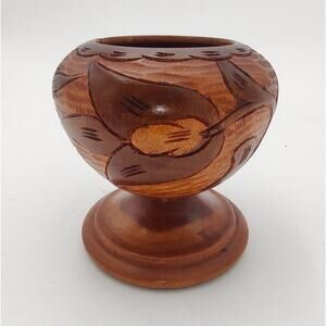 VTG Wooden Pedestal Vase Hand Carved Artisan Floral